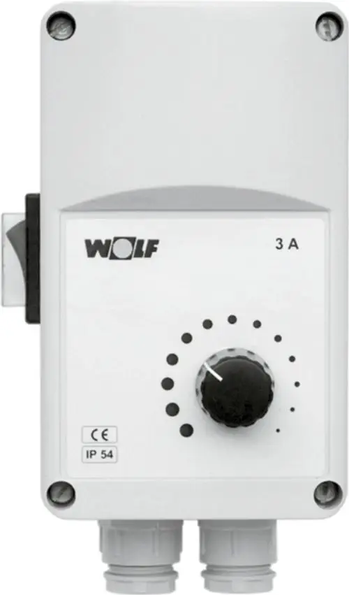 Weißer Drehzahlregler von Wolf mit stufenloser Einstellung. Enthält Anschlussmöglichkeiten und Schutzart IP 54. Schaltstrom von 3 A bei 230 V.